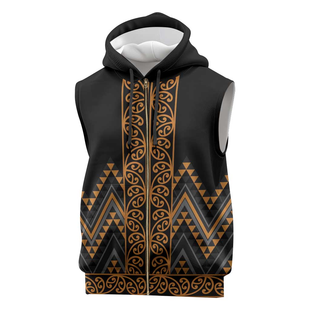Gold Aotearoa Mangopare Kowhaiwhai Niho Taniwha Sleeveless Zip Hoodie Maori New Zealand - Polynesian Pride