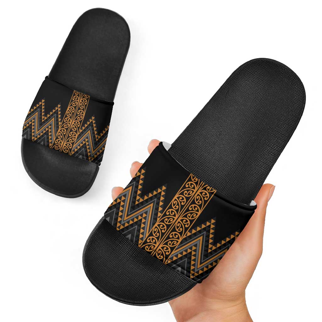 Gold Aotearoa Mangopare Kowhaiwhai Niho Taniwha Slide Sandals Maori New Zealand - Polynesian Pride