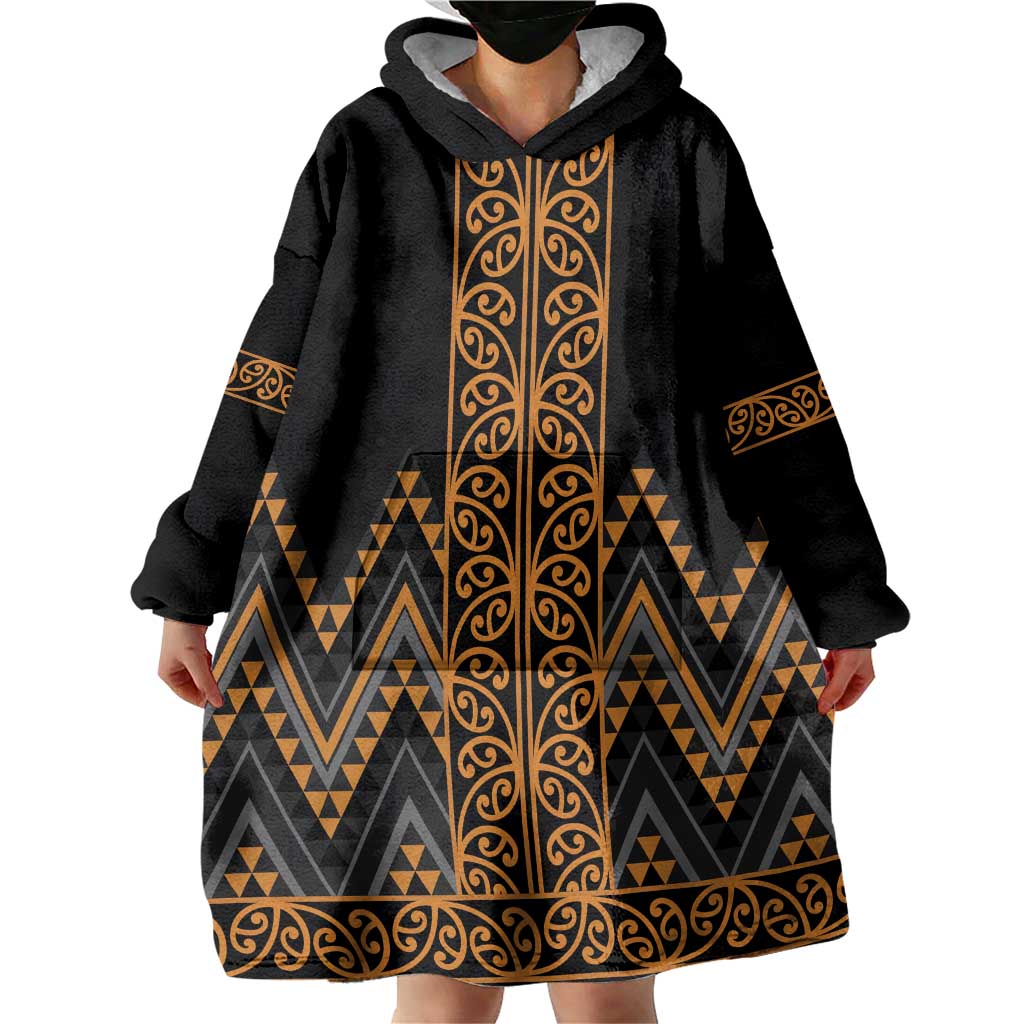 Gold Aotearoa Mangopare Kowhaiwhai and Niho Taniwha Wearable Blanket Hoodie Maori New Zealand