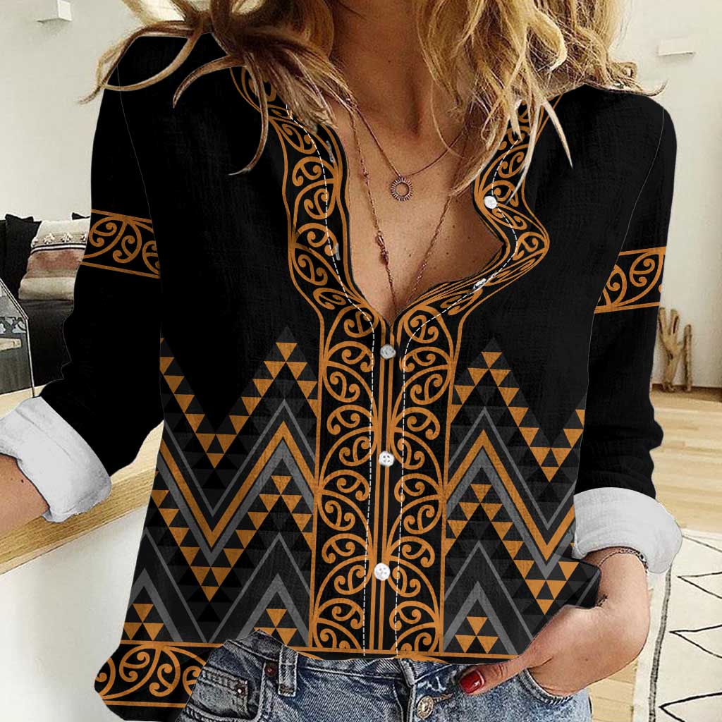 Gold Aotearoa Mangopare Kowhaiwhai and Niho Taniwha Women Casual Shirt Maori New Zealand