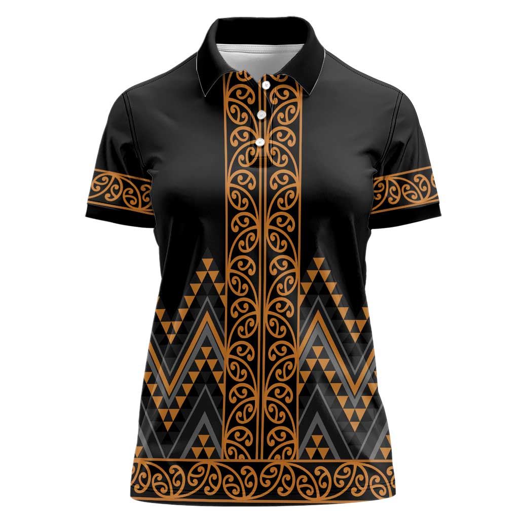 Gold Aotearoa Mangopare Kowhaiwhai and Niho Taniwha Women Polo Shirt Maori New Zealand