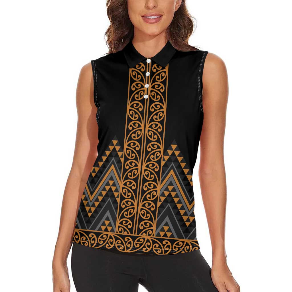 Gold Aotearoa Mangopare Kowhaiwhai and Niho Taniwha Women Sleeveless Polo Shirt Maori New Zealand