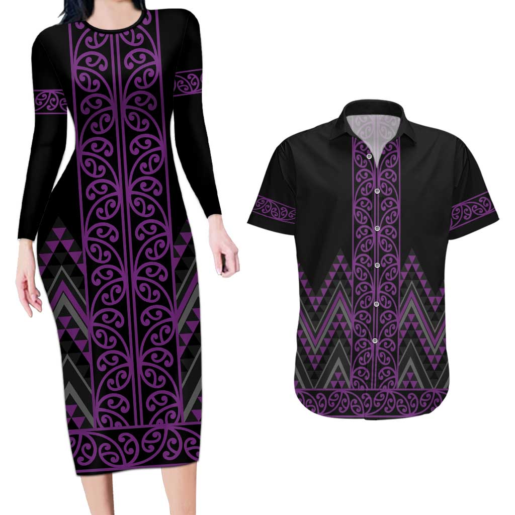 Purple Aotearoa Mangopare Kowhaiwhai and Niho Taniwha Couples Matching Long Sleeve Bodycon Dress and Hawaiian Shirt Maori New Zealand