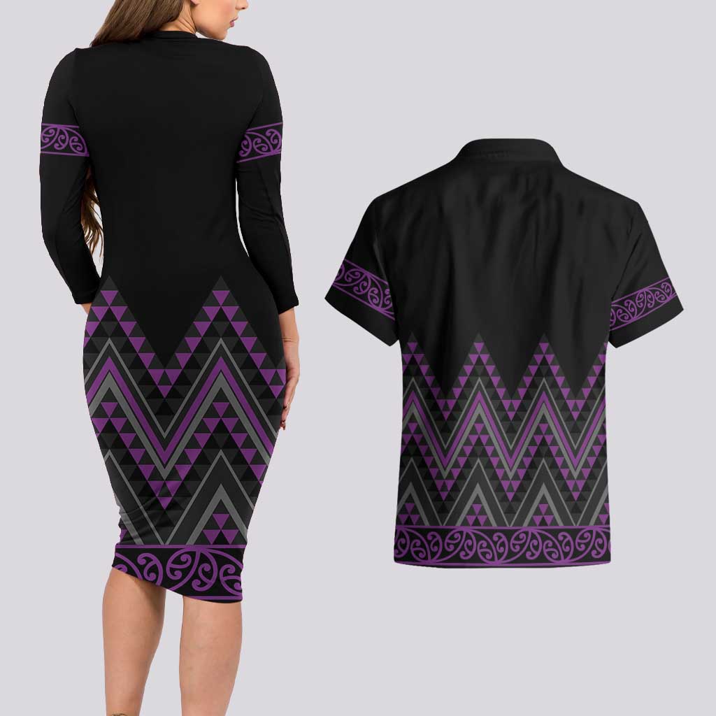 Purple Aotearoa Mangopare Kowhaiwhai and Niho Taniwha Couples Matching Long Sleeve Bodycon Dress and Hawaiian Shirt Maori New Zealand