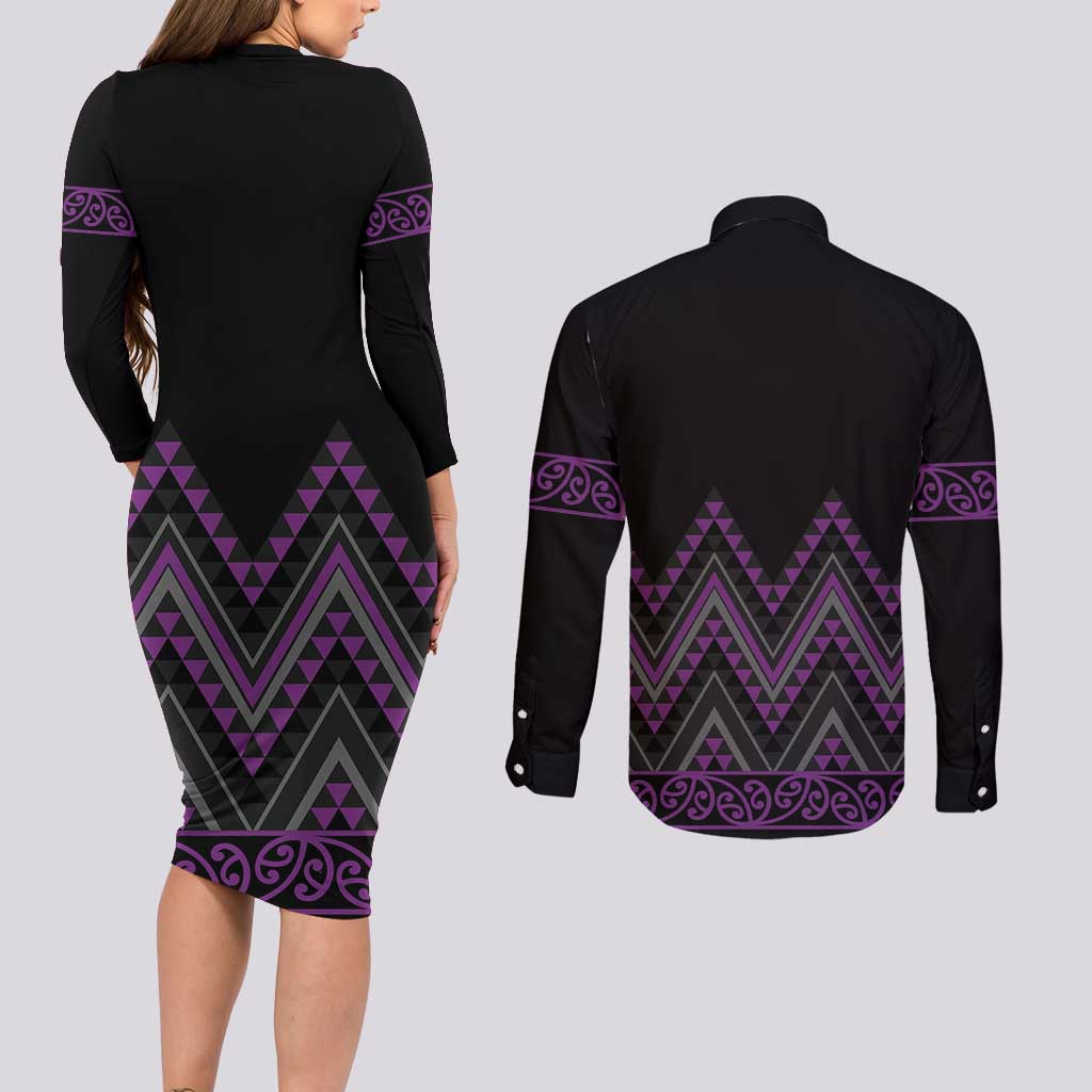 Purple Aotearoa Mangopare Kowhaiwhai and Niho Taniwha Couples Matching Long Sleeve Bodycon Dress and Long Sleeve Button Shirt Maori New Zealand