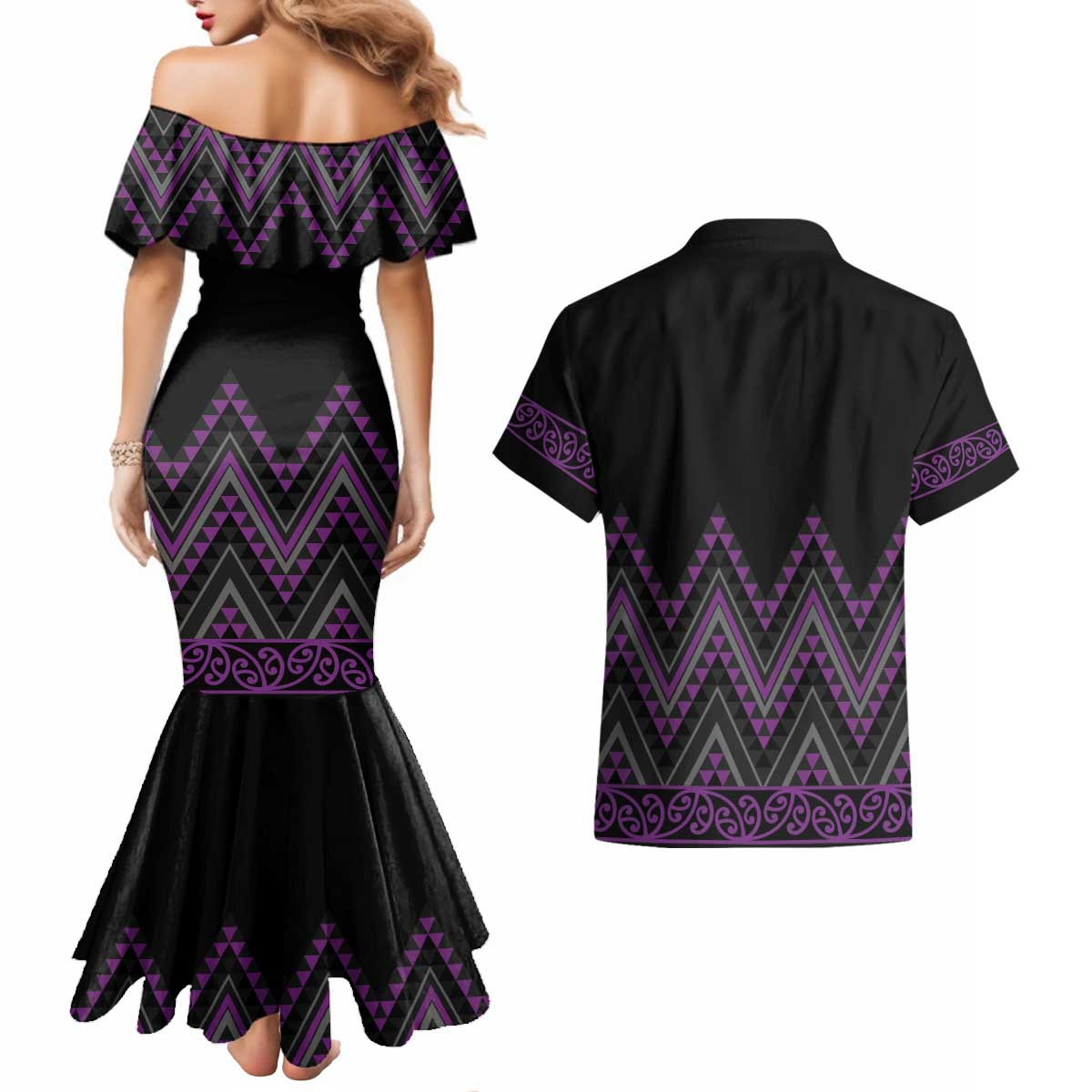 Purple Aotearoa Mangopare Kowhaiwhai and Niho Taniwha Couples Matching Mermaid Dress and Hawaiian Shirt Maori New Zealand