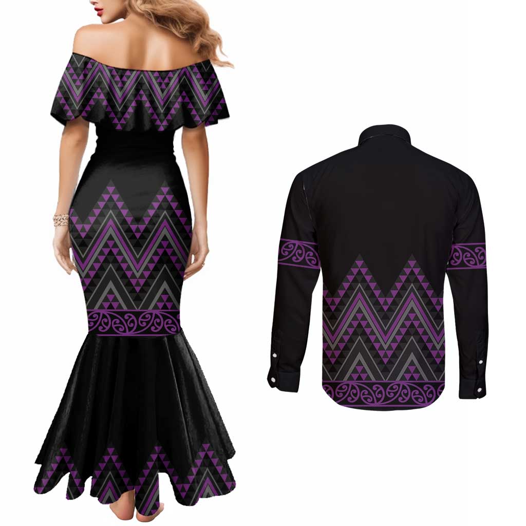 Purple Aotearoa Mangopare Kowhaiwhai and Niho Taniwha Couples Matching Mermaid Dress and Long Sleeve Button Shirt Maori New Zealand