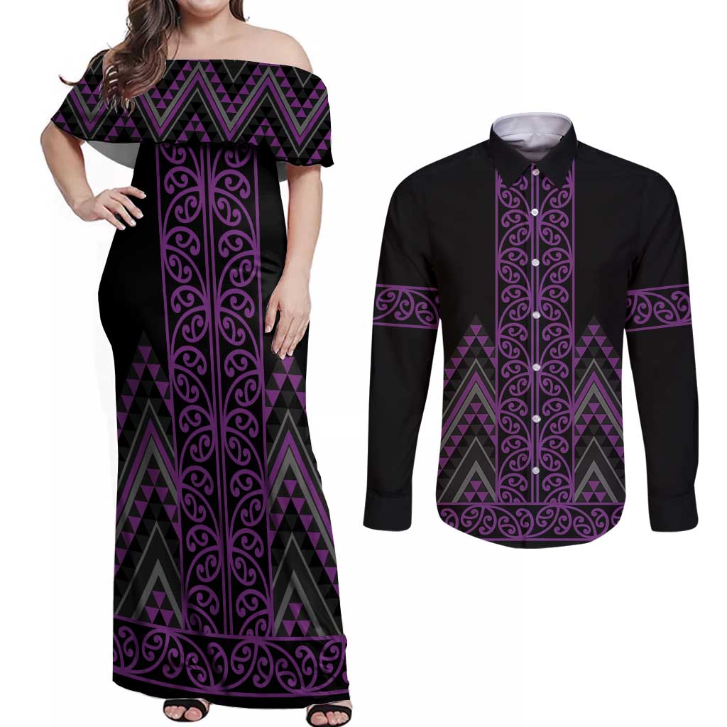 Purple Aotearoa Mangopare Kowhaiwhai and Niho Taniwha Couples Matching Off Shoulder Maxi Dress and Long Sleeve Button Shirt Maori New Zealand