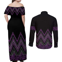 Purple Aotearoa Mangopare Kowhaiwhai and Niho Taniwha Couples Matching Off Shoulder Maxi Dress and Long Sleeve Button Shirt Maori New Zealand