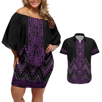 Purple Aotearoa Mangopare Kowhaiwhai and Niho Taniwha Couples Matching Off Shoulder Short Dress and Hawaiian Shirt Maori New Zealand