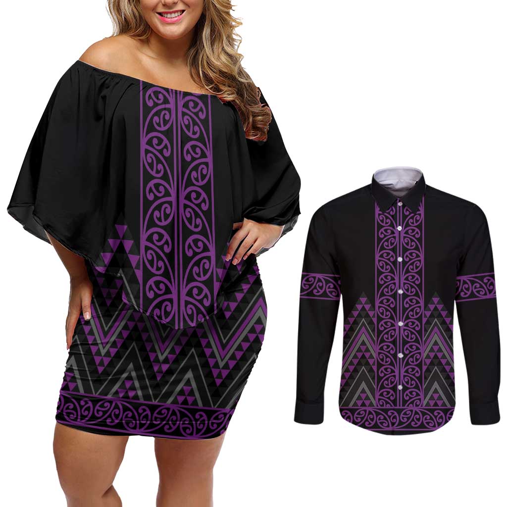 Purple Aotearoa Mangopare Kowhaiwhai and Niho Taniwha Couples Matching Off Shoulder Short Dress and Long Sleeve Button Shirt Maori New Zealand