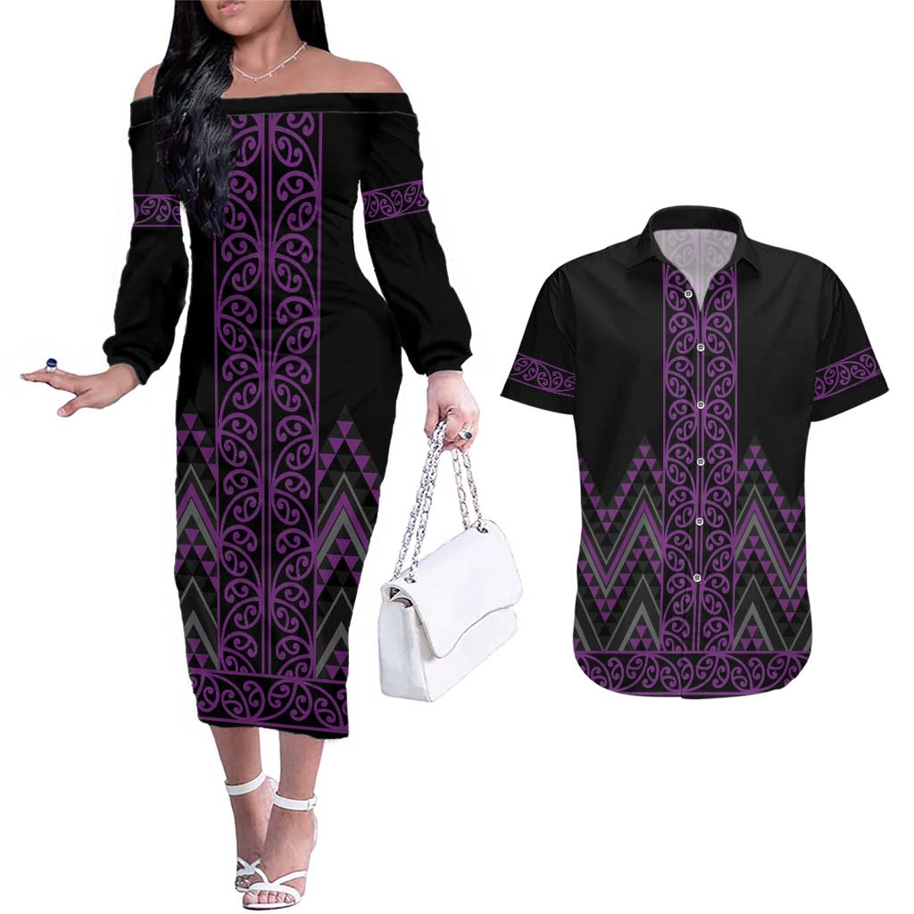 Purple Aotearoa Mangopare Kowhaiwhai and Niho Taniwha Couples Matching Off The Shoulder Long Sleeve Dress and Hawaiian Shirt Maori New Zealand