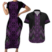 Purple Aotearoa Mangopare Kowhaiwhai and Niho Taniwha Couples Matching Short Sleeve Bodycon Dress and Hawaiian Shirt Maori New Zealand