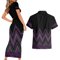 Purple Aotearoa Mangopare Kowhaiwhai and Niho Taniwha Couples Matching Short Sleeve Bodycon Dress and Hawaiian Shirt Maori New Zealand