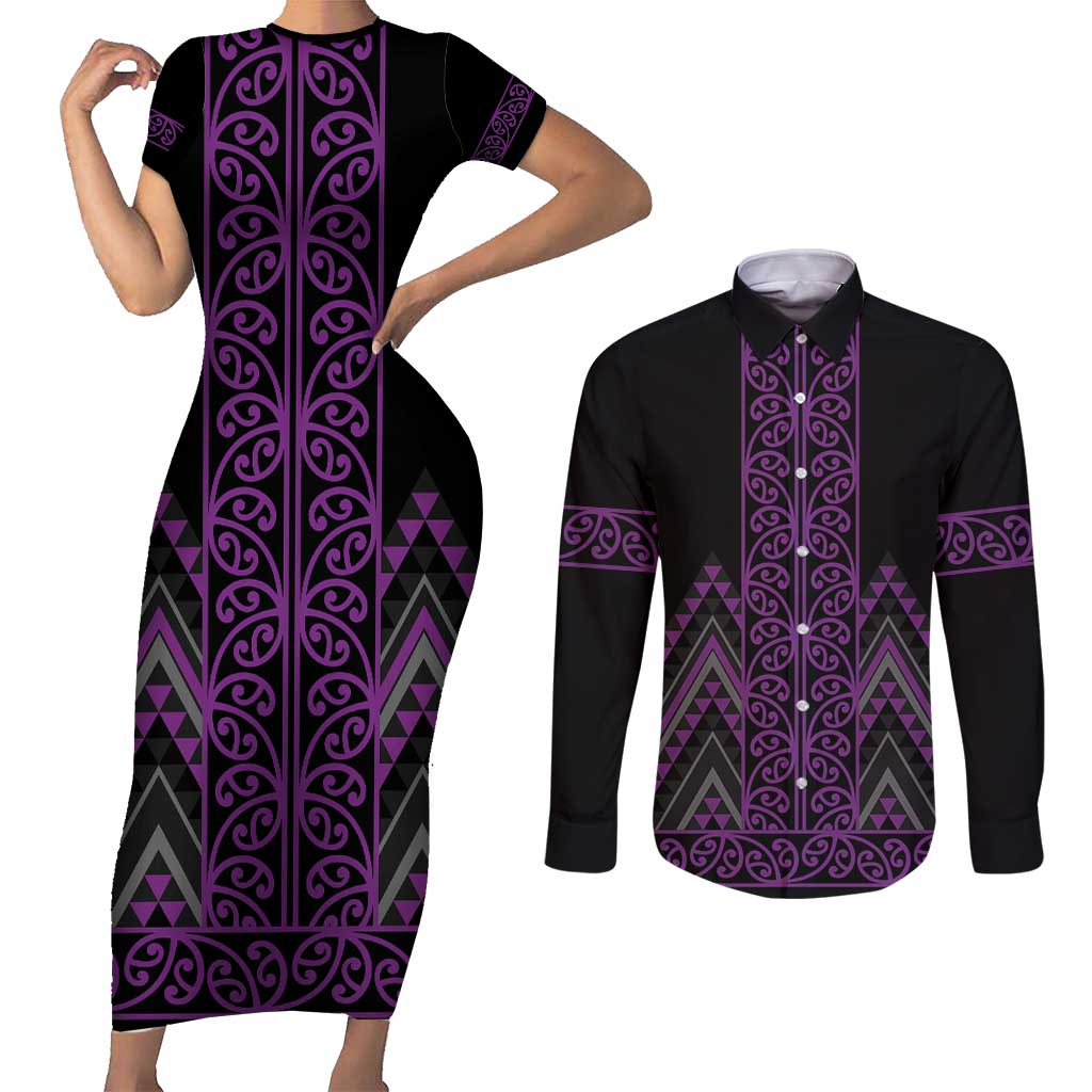 Purple Aotearoa Mangopare Kowhaiwhai and Niho Taniwha Couples Matching Short Sleeve Bodycon Dress and Long Sleeve Button Shirt Maori New Zealand