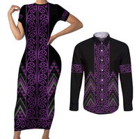 Purple Aotearoa Mangopare Kowhaiwhai and Niho Taniwha Couples Matching Short Sleeve Bodycon Dress and Long Sleeve Button Shirt Maori New Zealand