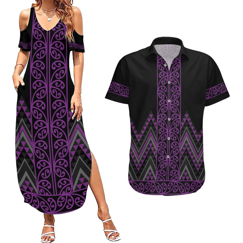 Purple Aotearoa Mangopare Kowhaiwhai and Niho Taniwha Couples Matching Summer Maxi Dress and Hawaiian Shirt Maori New Zealand