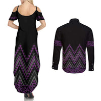 Purple Aotearoa Mangopare Kowhaiwhai and Niho Taniwha Couples Matching Summer Maxi Dress and Long Sleeve Button Shirt Maori New Zealand
