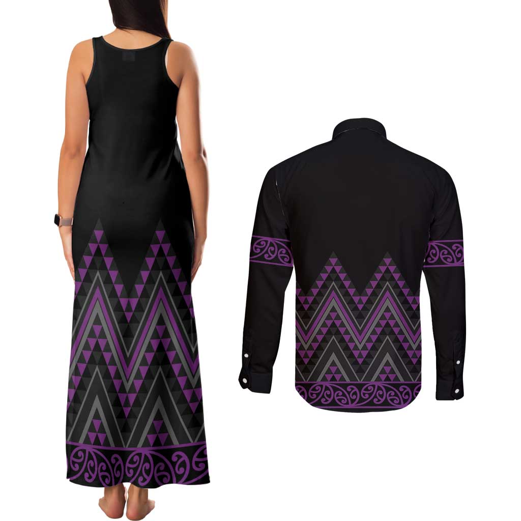 Purple Aotearoa Mangopare Kowhaiwhai and Niho Taniwha Couples Matching Tank Maxi Dress and Long Sleeve Button Shirt Maori New Zealand