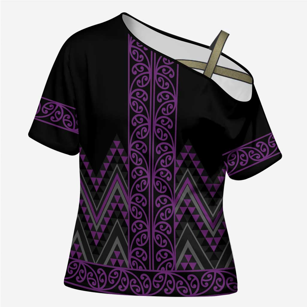 Purple Aotearoa Mangopare Kowhaiwhai Niho Taniwha Cross Shoulder Shirt Maori New Zealand - Polynesian Pride