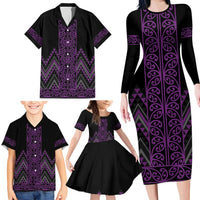 Purple Aotearoa Mangopare Kowhaiwhai and Niho Taniwha Family Matching Long Sleeve Bodycon Dress and Hawaiian Shirt Maori New Zealand