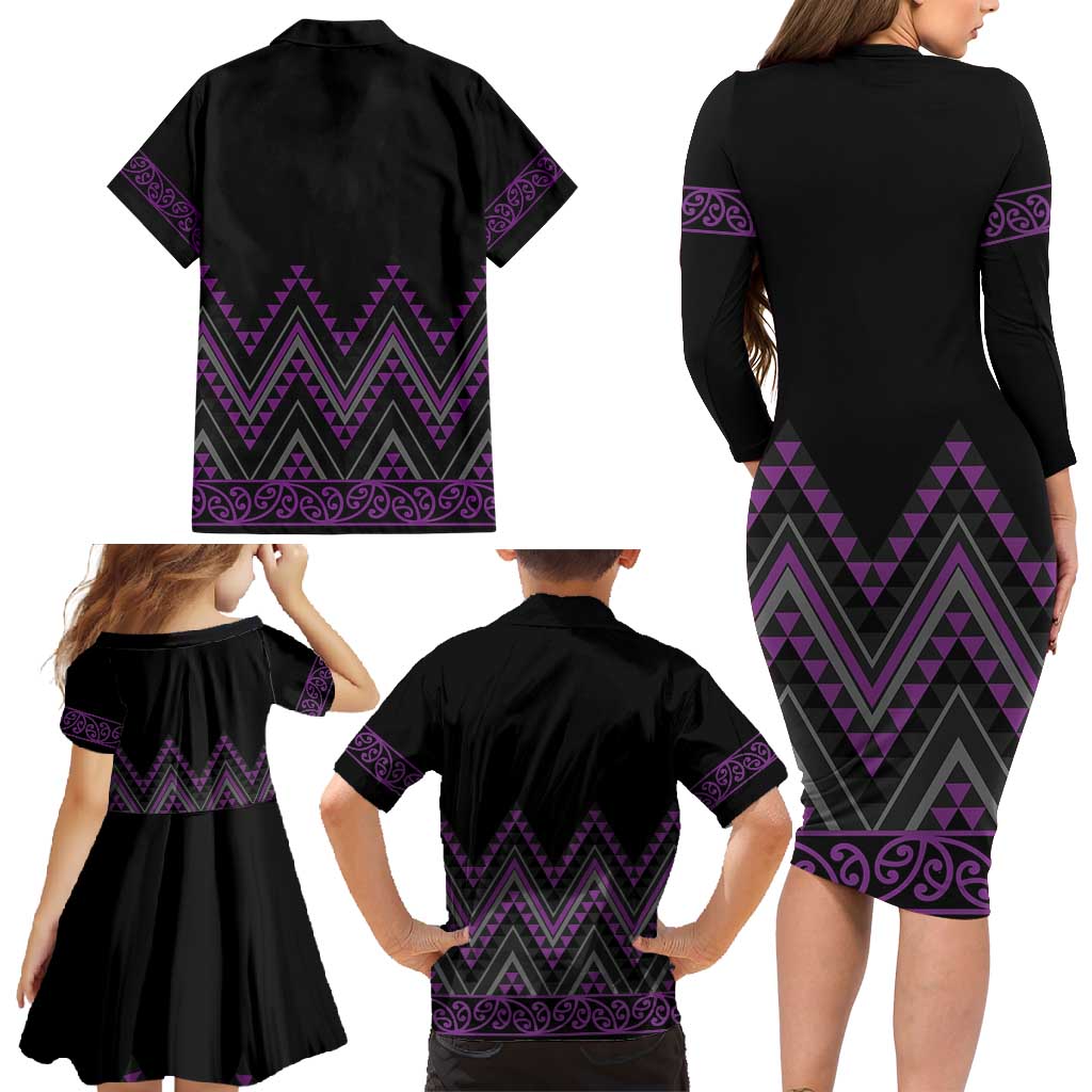Purple Aotearoa Mangopare Kowhaiwhai and Niho Taniwha Family Matching Long Sleeve Bodycon Dress and Hawaiian Shirt Maori New Zealand