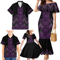 Purple Aotearoa Mangopare Kowhaiwhai and Niho Taniwha Family Matching Mermaid Dress and Hawaiian Shirt Maori New Zealand