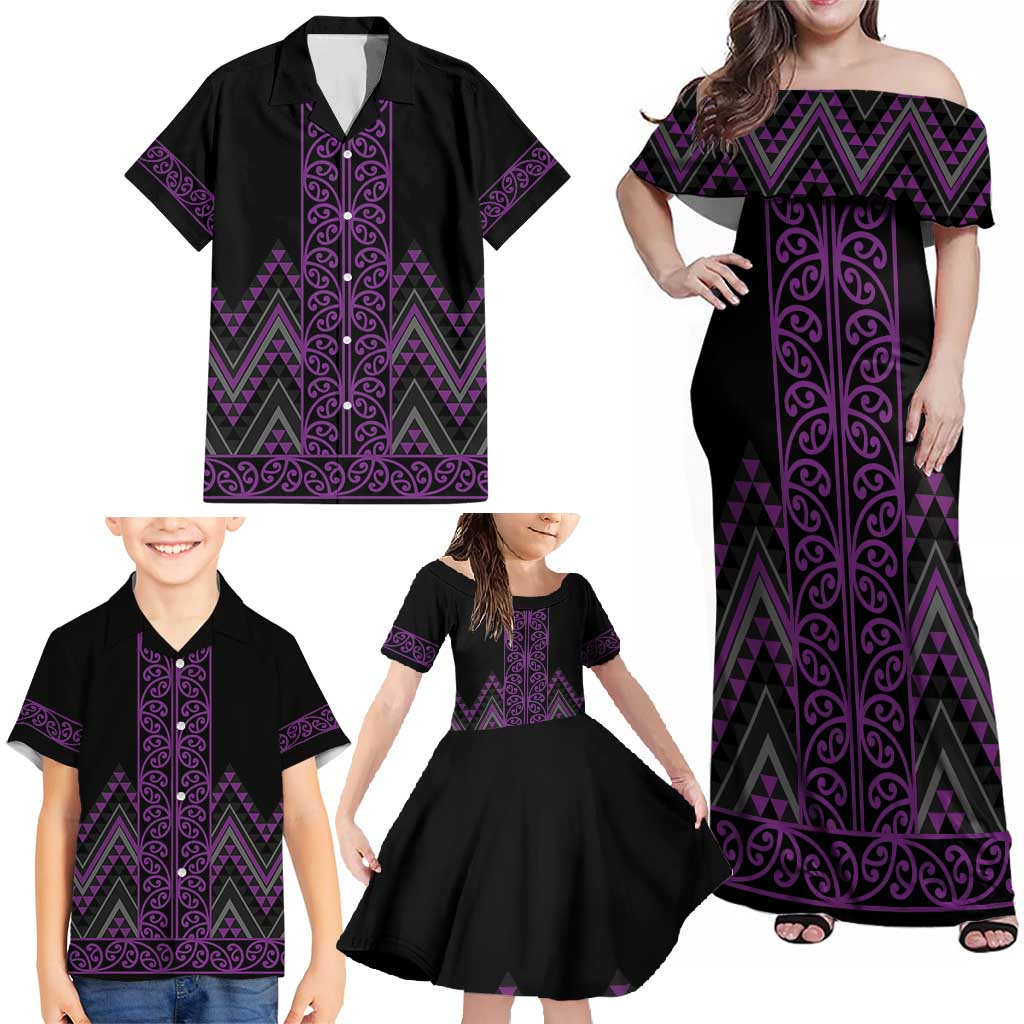 Purple Aotearoa Mangopare Kowhaiwhai and Niho Taniwha Family Matching Off Shoulder Maxi Dress and Hawaiian Shirt Maori New Zealand