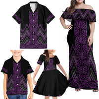 Purple Aotearoa Mangopare Kowhaiwhai and Niho Taniwha Family Matching Off Shoulder Maxi Dress and Hawaiian Shirt Maori New Zealand
