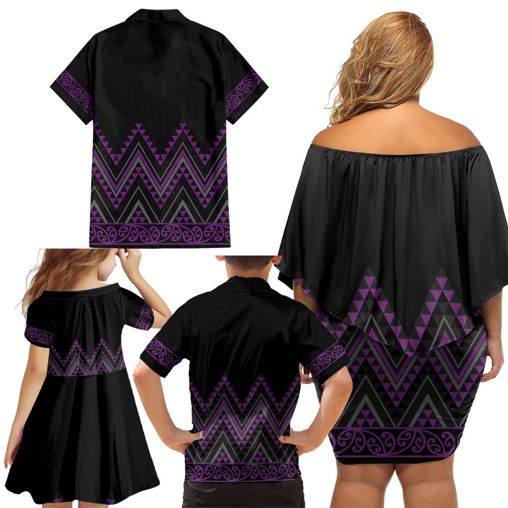 Purple Aotearoa Mangopare Kowhaiwhai and Niho Taniwha Family Matching Off Shoulder Short Dress and Hawaiian Shirt Maori New Zealand
