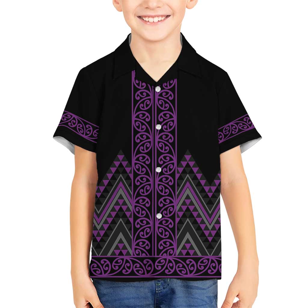 Purple Aotearoa Mangopare Kowhaiwhai and Niho Taniwha Family Matching Puletasi and Hawaiian Shirt Maori New Zealand