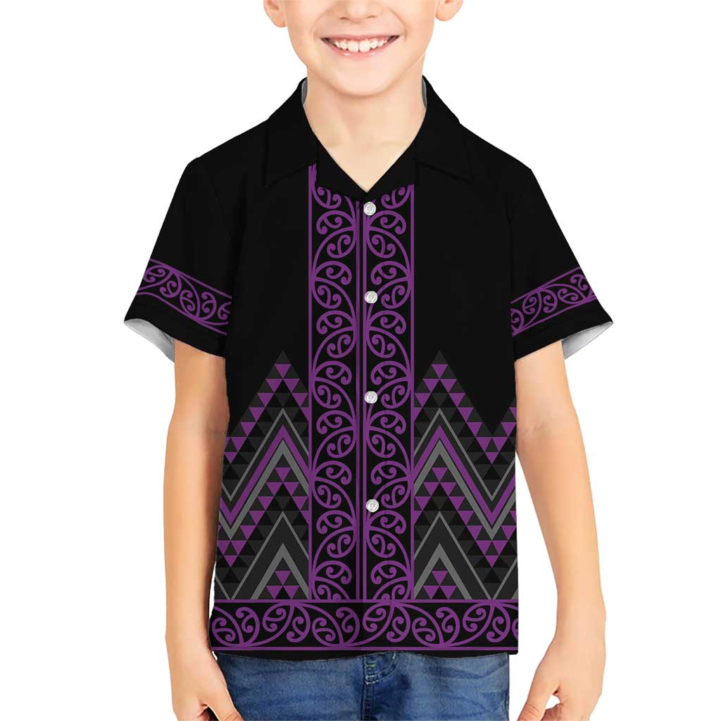 Purple Aotearoa Mangopare Kowhaiwhai and Niho Taniwha Family Matching Short Sleeve Bodycon Dress and Hawaiian Shirt Maori New Zealand