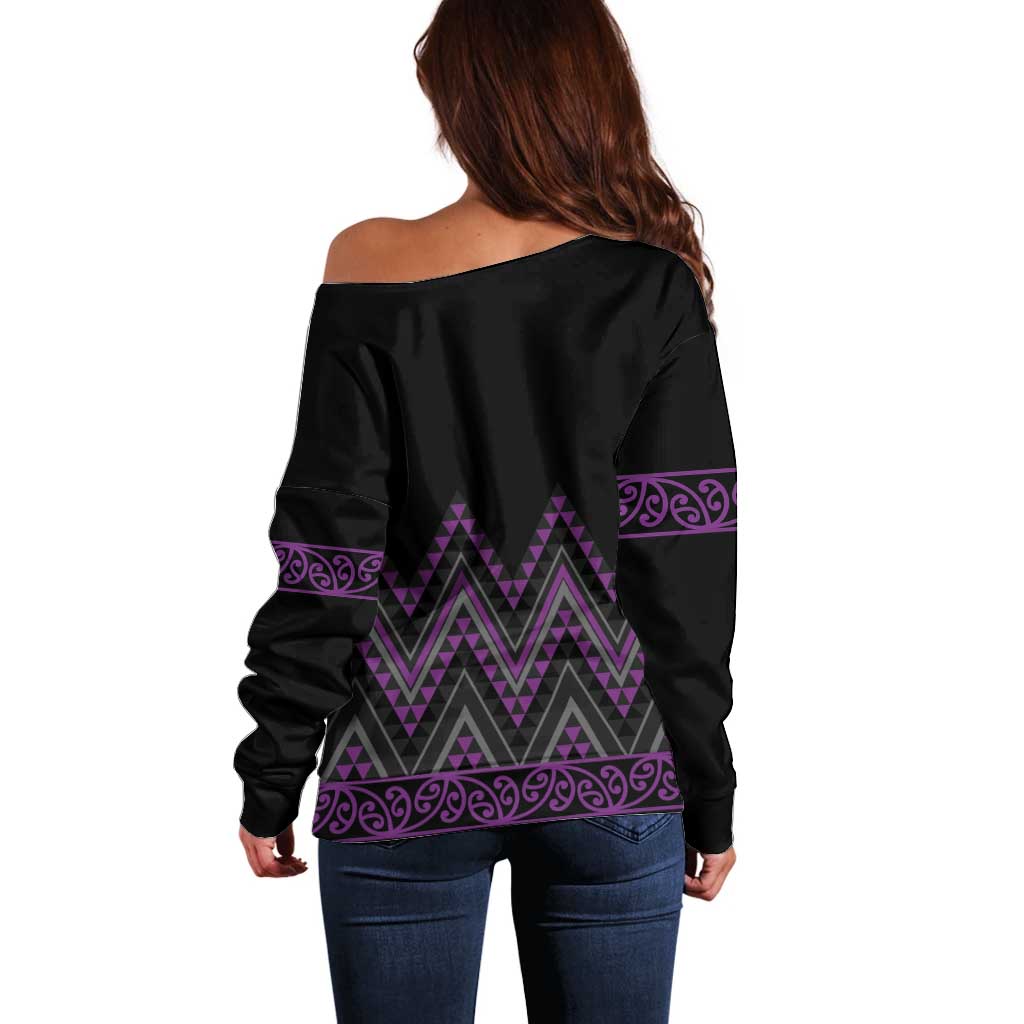 Purple Aotearoa Mangopare Kowhaiwhai and Niho Taniwha Off Shoulder Sweater Maori New Zealand