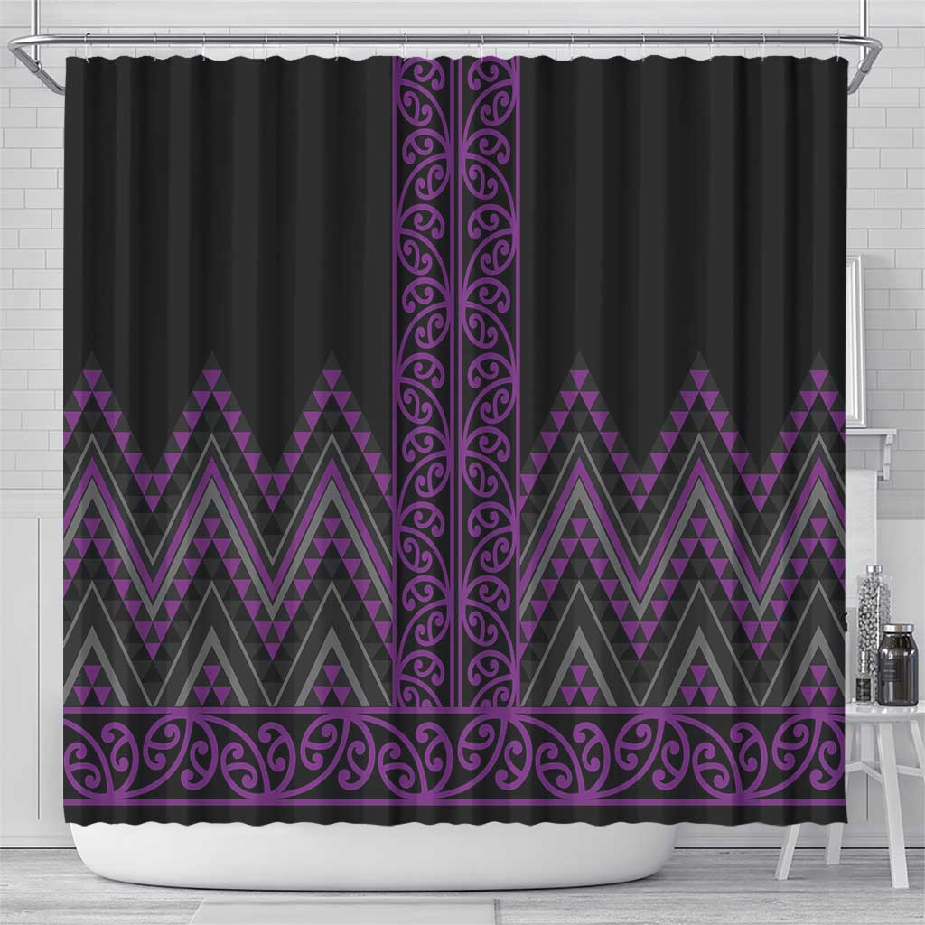 Purple Aotearoa Mangopare Kowhaiwhai and Niho Taniwha Shower Curtain Maori New Zealand