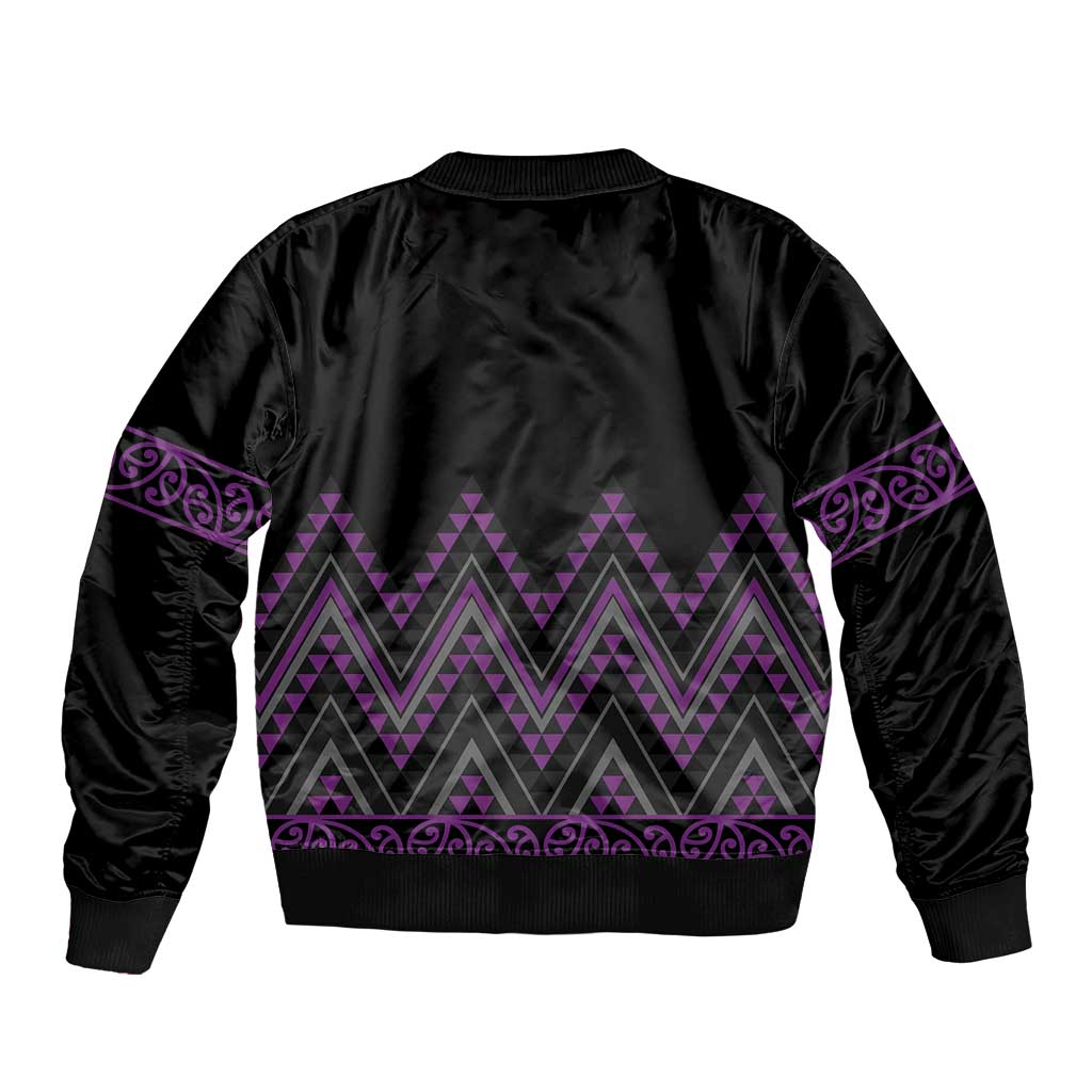 Purple Aotearoa Mangopare Kowhaiwhai and Niho Taniwha Sleeve Zip Bomber Jacket Maori New Zealand