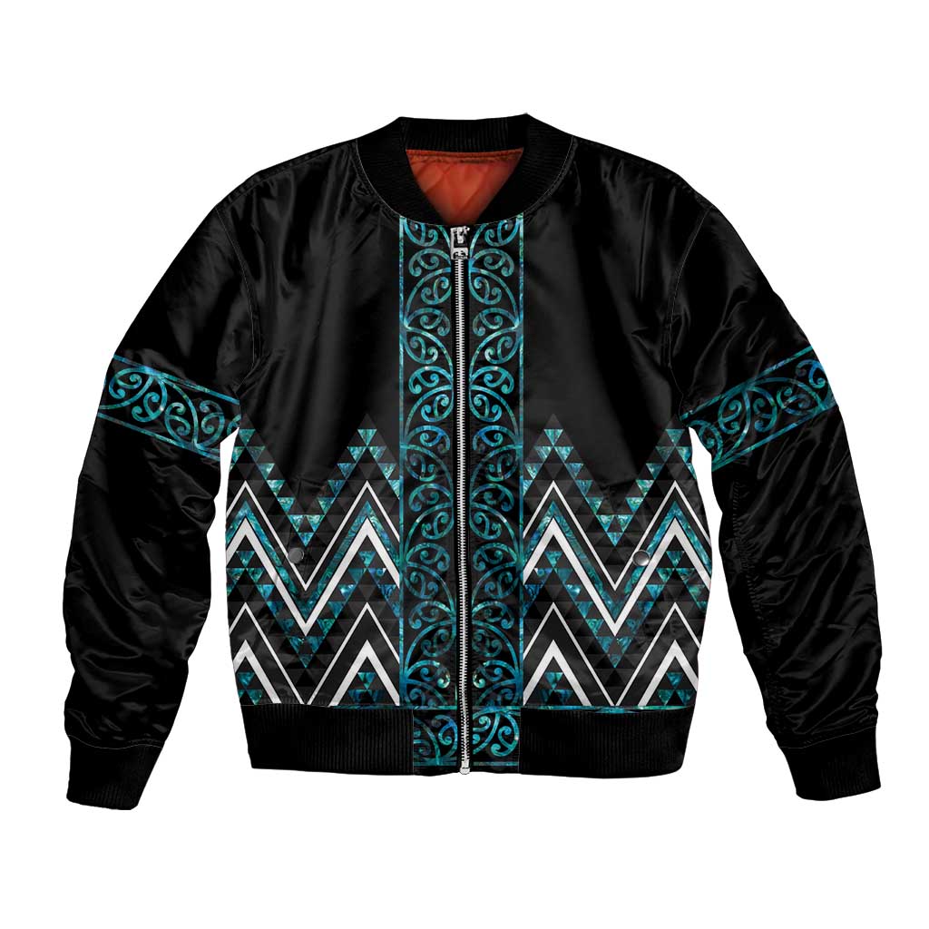 Paua Shell Aotearoa Mangopare Kowhaiwhai and Niho Taniwha Bomber Jacket Maori New Zealand
