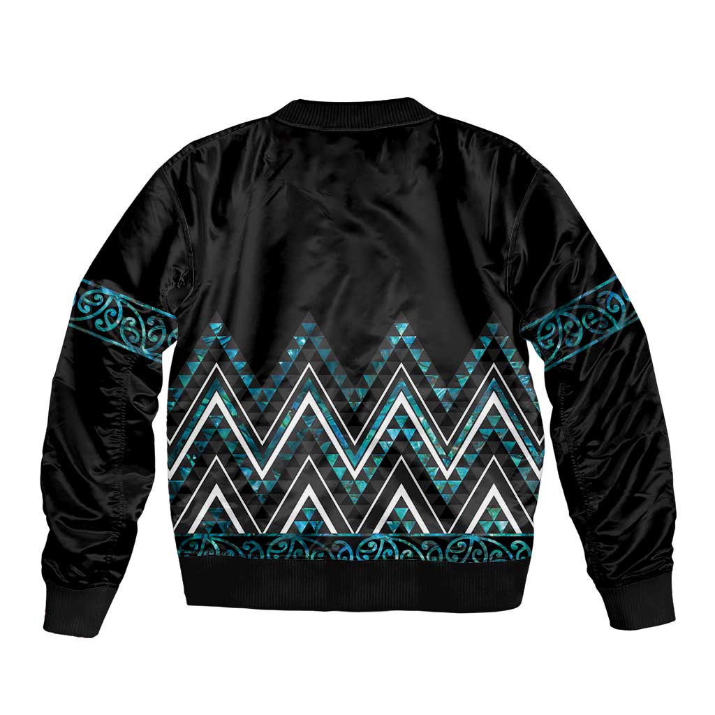Paua Shell Aotearoa Mangopare Kowhaiwhai and Niho Taniwha Bomber Jacket Maori New Zealand