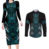 Paua Shell Aotearoa Mangopare Kowhaiwhai and Niho Taniwha Couples Matching Long Sleeve Bodycon Dress and Long Sleeve Button Shirt Maori New Zealand
