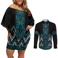 Paua Shell Aotearoa Mangopare Kowhaiwhai and Niho Taniwha Couples Matching Off Shoulder Short Dress and Long Sleeve Button Shirt Maori New Zealand