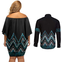 Paua Shell Aotearoa Mangopare Kowhaiwhai and Niho Taniwha Couples Matching Off Shoulder Short Dress and Long Sleeve Button Shirt Maori New Zealand