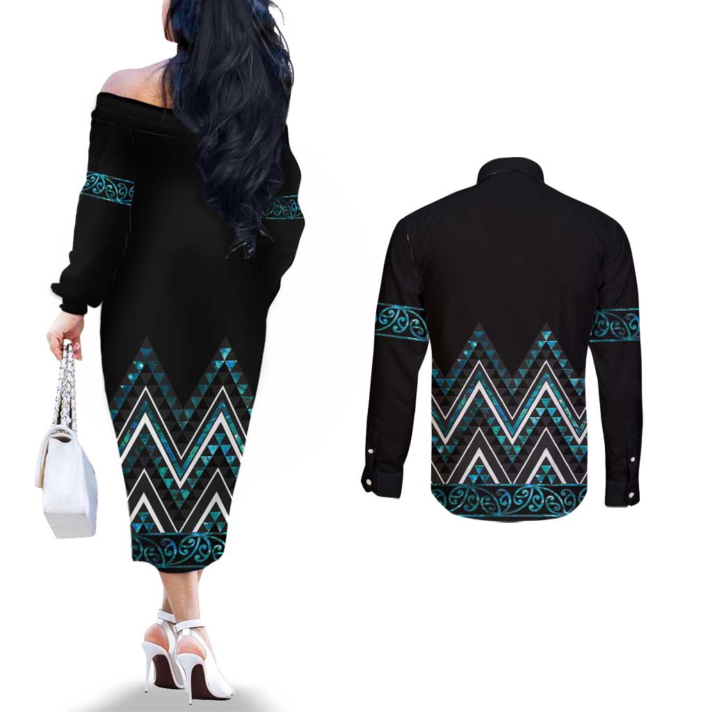 Paua Shell Aotearoa Mangopare Kowhaiwhai and Niho Taniwha Couples Matching Off The Shoulder Long Sleeve Dress and Long Sleeve Button Shirt Maori New Zealand