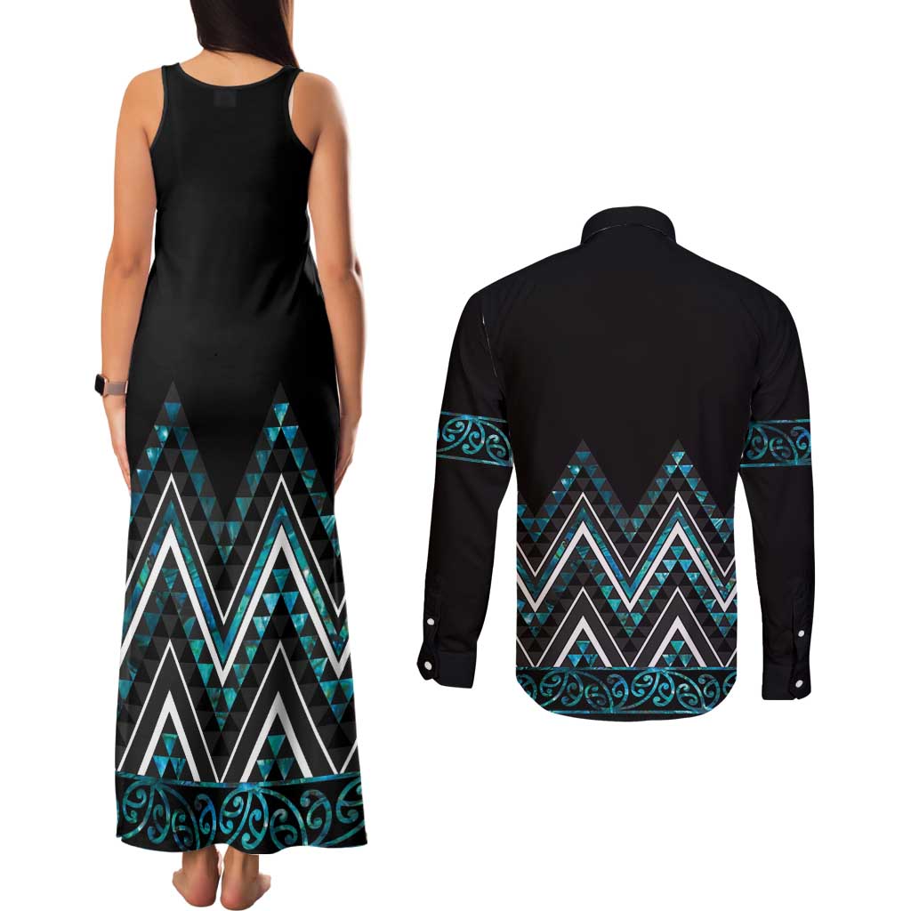 Paua Shell Aotearoa Mangopare Kowhaiwhai and Niho Taniwha Couples Matching Tank Maxi Dress and Long Sleeve Button Shirt Maori New Zealand