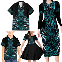 Paua Shell Aotearoa Mangopare Kowhaiwhai and Niho Taniwha Family Matching Long Sleeve Bodycon Dress and Hawaiian Shirt Maori New Zealand