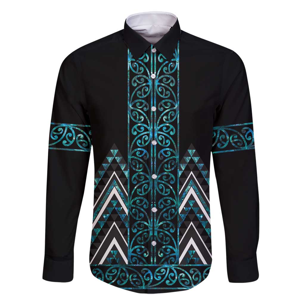 Paua Shell Aotearoa Mangopare Kowhaiwhai and Niho Taniwha Family Matching Long Sleeve Bodycon Dress and Hawaiian Shirt Maori New Zealand