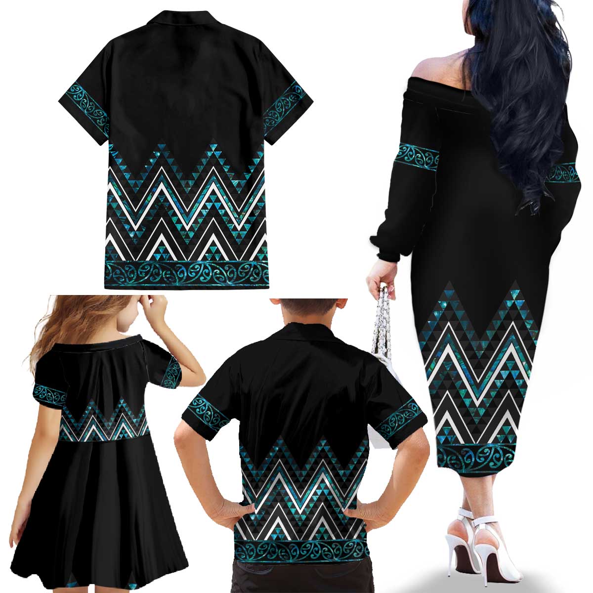 Paua Shell Aotearoa Mangopare Kowhaiwhai and Niho Taniwha Family Matching Off The Shoulder Long Sleeve Dress and Hawaiian Shirt Maori New Zealand