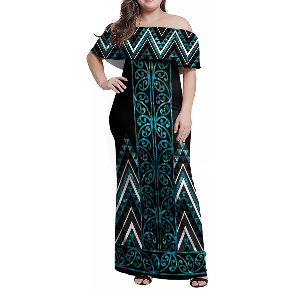 Paua Shell Aotearoa Mangopare Kowhaiwhai and Niho Taniwha Family Matching Off Shoulder Maxi Dress and Hawaiian Shirt Maori New Zealand