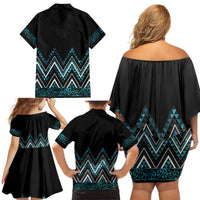 Paua Shell Aotearoa Mangopare Kowhaiwhai and Niho Taniwha Family Matching Off Shoulder Short Dress and Hawaiian Shirt Maori New Zealand