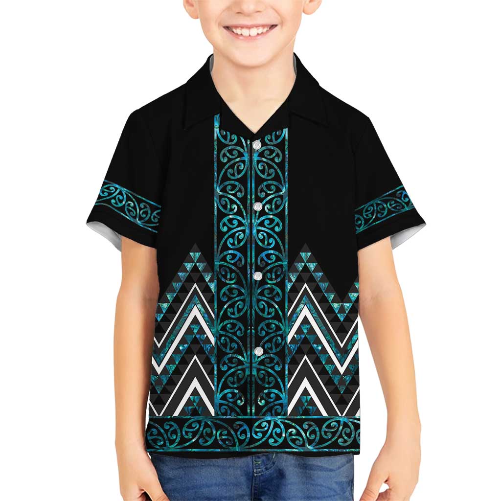 Paua Shell Aotearoa Mangopare Kowhaiwhai and Niho Taniwha Family Matching Puletasi and Hawaiian Shirt Maori New Zealand
