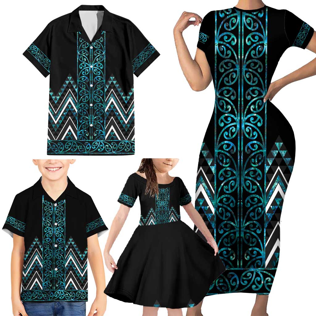 Paua Shell Aotearoa Mangopare Kowhaiwhai and Niho Taniwha Family Matching Short Sleeve Bodycon Dress and Hawaiian Shirt Maori New Zealand