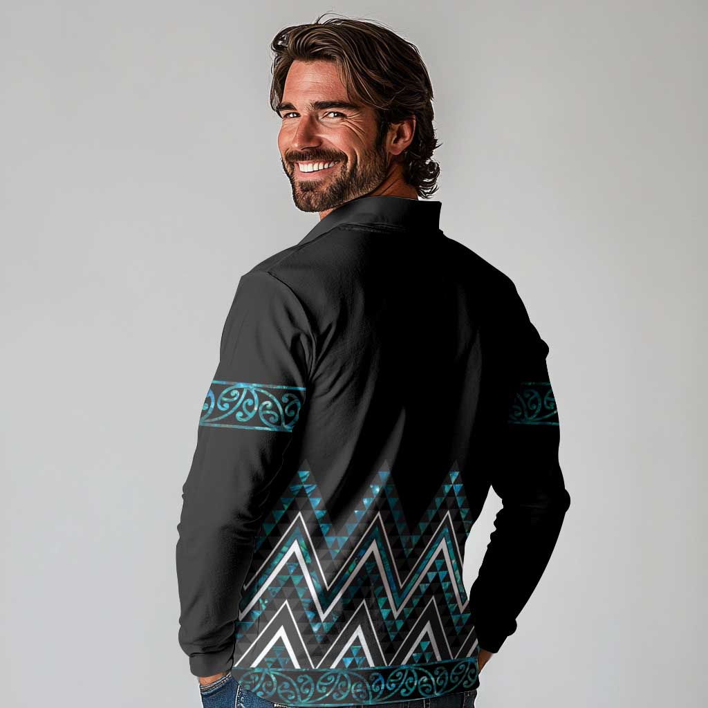 Paua Shell Aotearoa Mangopare Kowhaiwhai and Niho Taniwha Long Sleeve Polo Shirt Maori New Zealand
